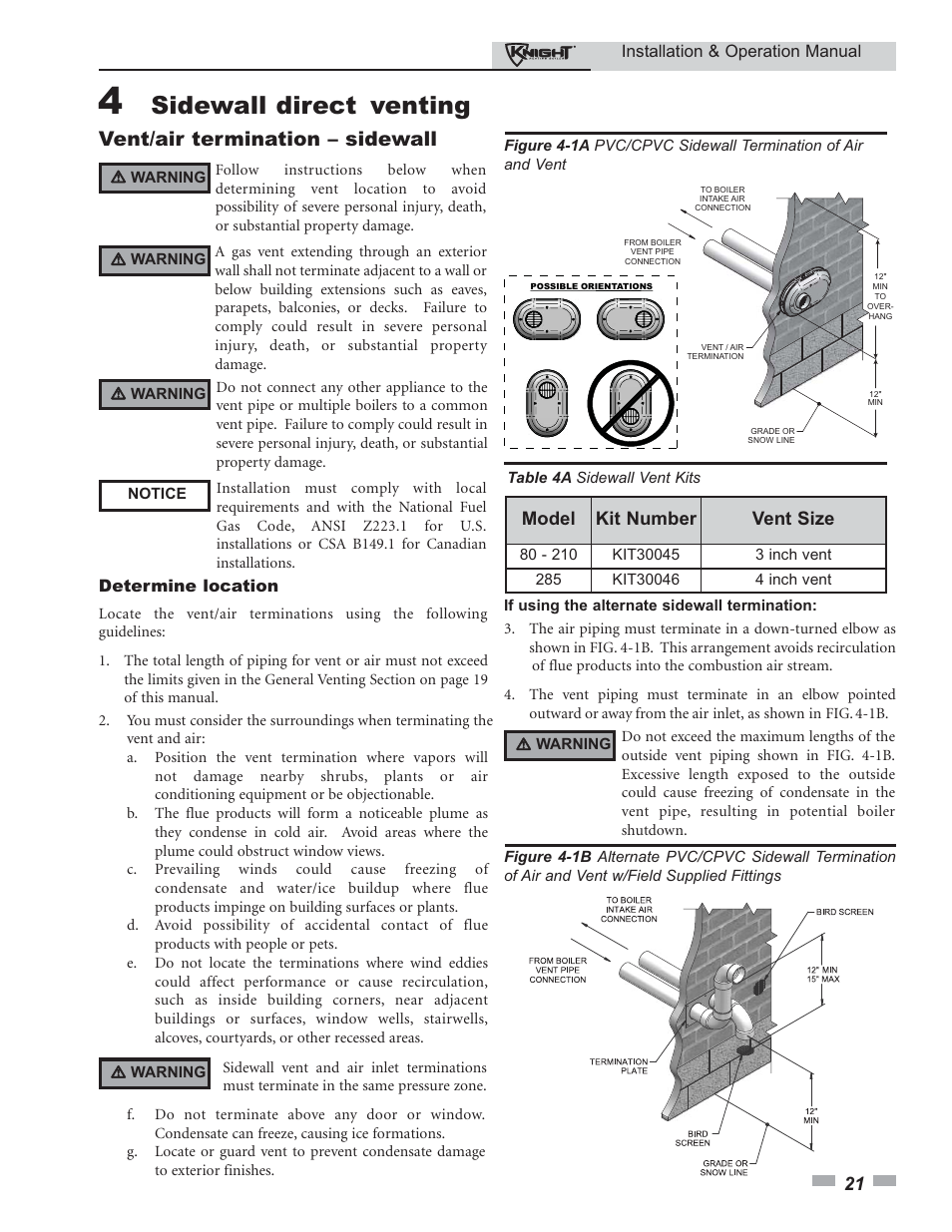 Sidewall direct venting, Vent/air termination – sidewall, Model kit number vent size | Lochinvar 80 - 285 User Manual | Page 21 / 76