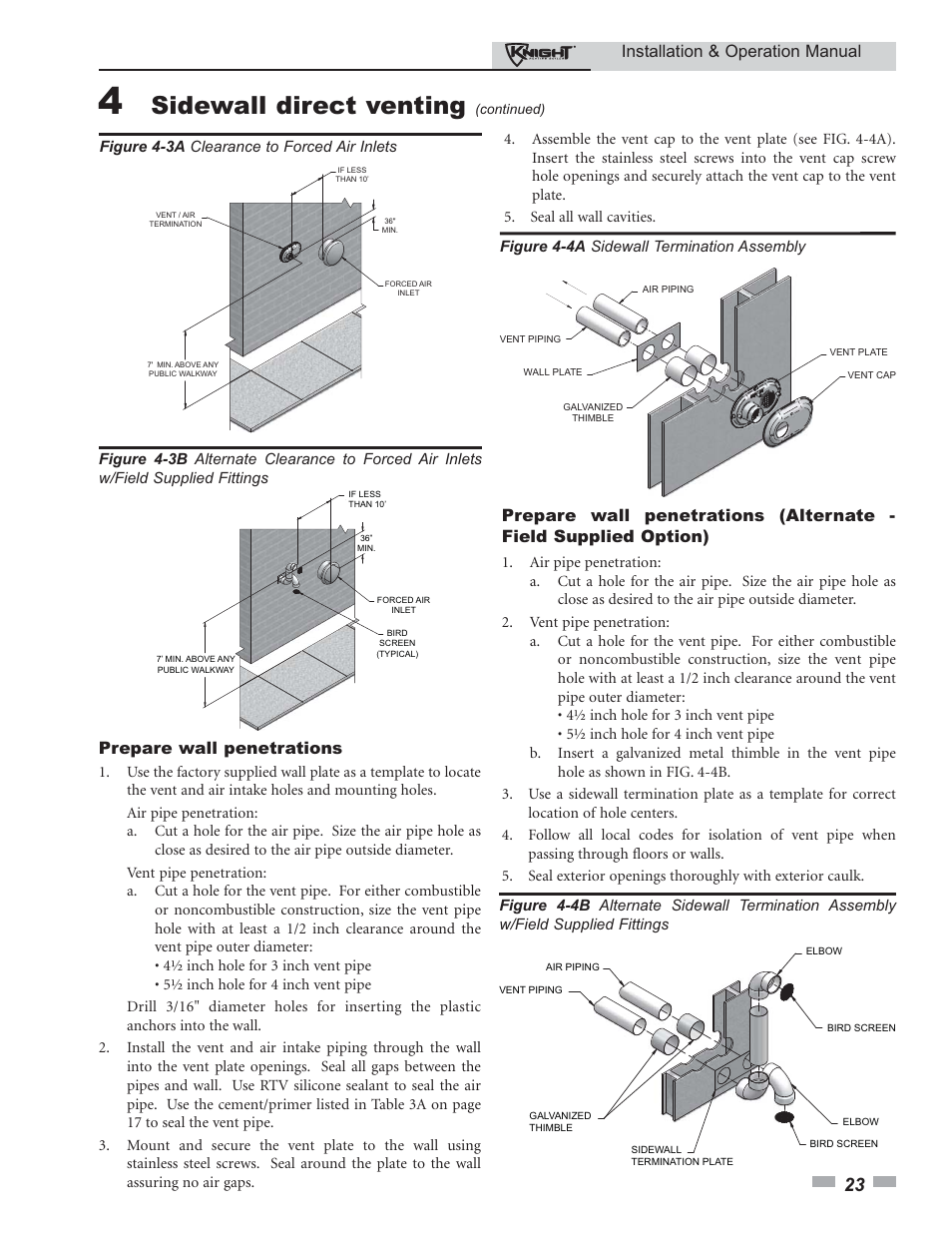 Sidewall direct venting, Installation & operation manual, Prepare wall penetrations | Lochinvar 80 - 285 User Manual | Page 23 / 76