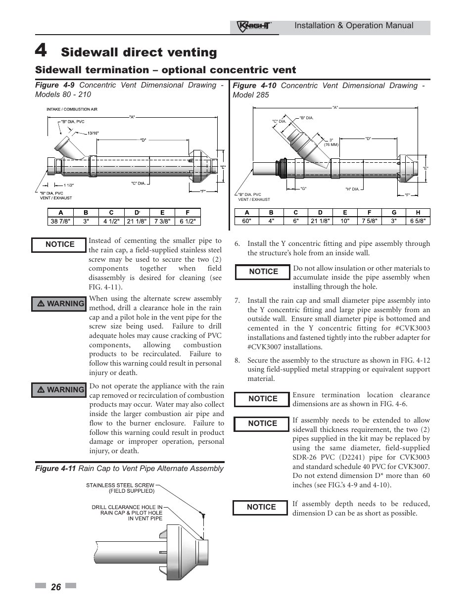 Sidewall direct venting, Sidewall termination – optional concentric vent | Lochinvar 80 - 285 User Manual | Page 26 / 76