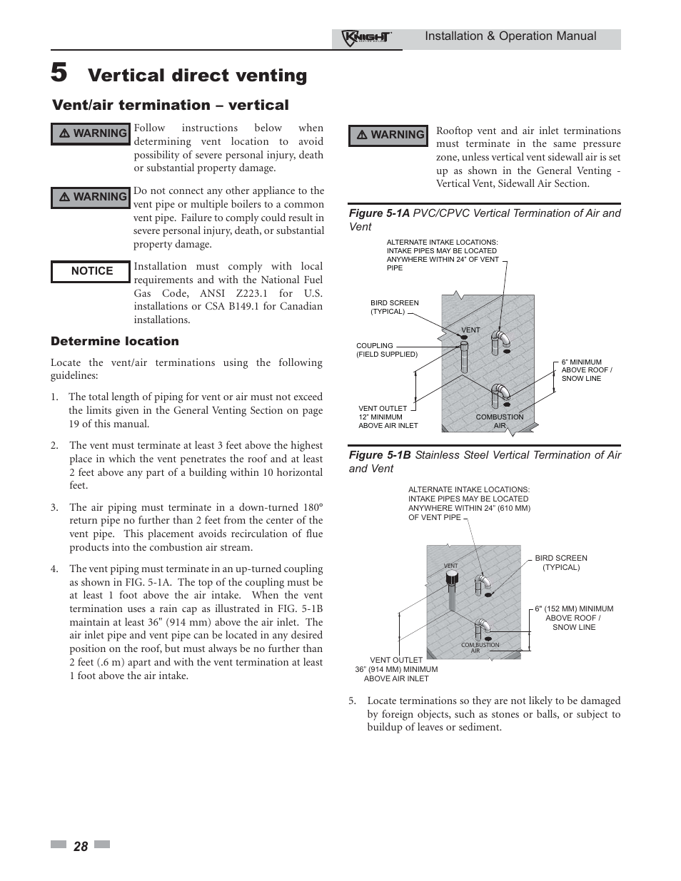 Vertical direct venting, Vent/air termination – vertical, Installation & operation manual | Determine location | Lochinvar 80 - 285 User Manual | Page 28 / 76