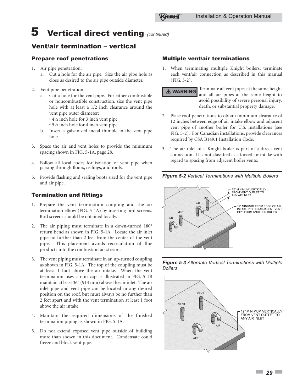 Vertical direct venting, Vent/air termination – vertical | Lochinvar 80 - 285 User Manual | Page 29 / 76