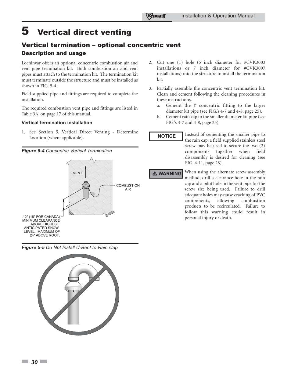 Vertical direct venting, Vertical termination – optional concentric vent | Lochinvar 80 - 285 User Manual | Page 30 / 76
