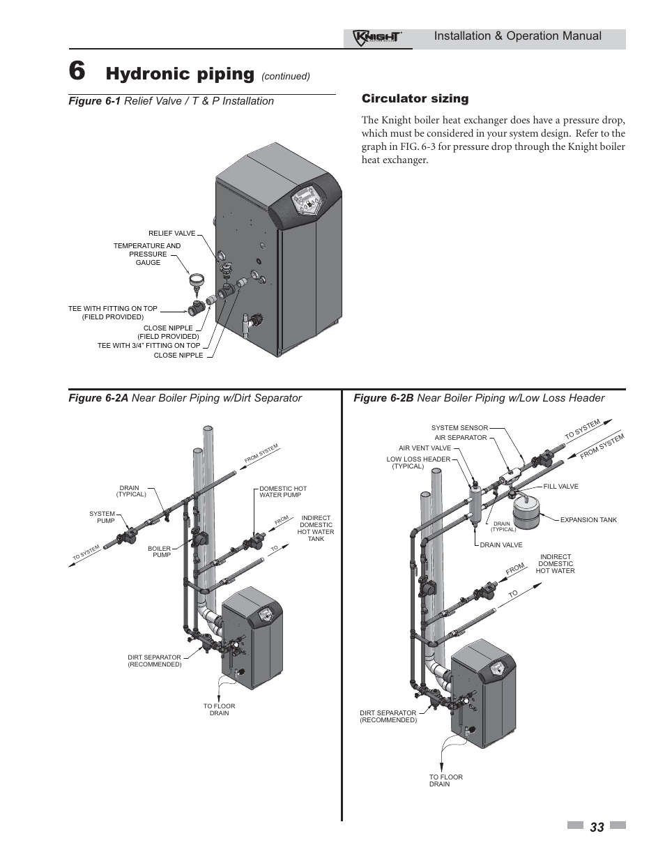 Hydronic piping, Installation & operation manual, Circulator sizing | Figure 6-2a near boiler piping w/dirt separator, Figure 6-1 relief valve / t & p installation, Figure 6-2b near boiler piping w/low loss header, Continued) | Lochinvar 80 - 285 User Manual | Page 33 / 76