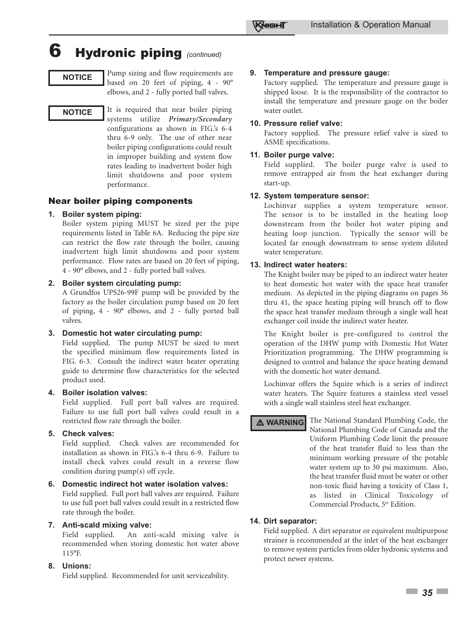 Hydronic piping | Lochinvar 80 - 285 User Manual | Page 35 / 76