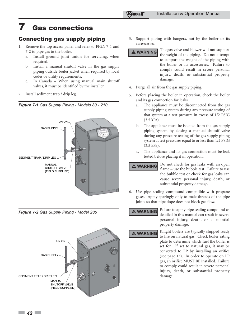 Gas connections, Connecting gas supply piping | Lochinvar 80 - 285 User Manual | Page 42 / 76