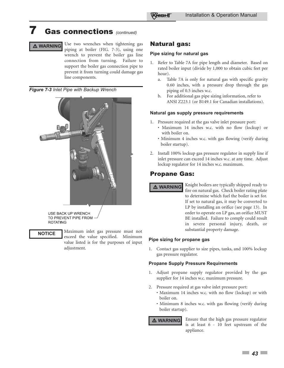 Gas connections, Natural gas, Propane gas | Lochinvar 80 - 285 User Manual | Page 43 / 76