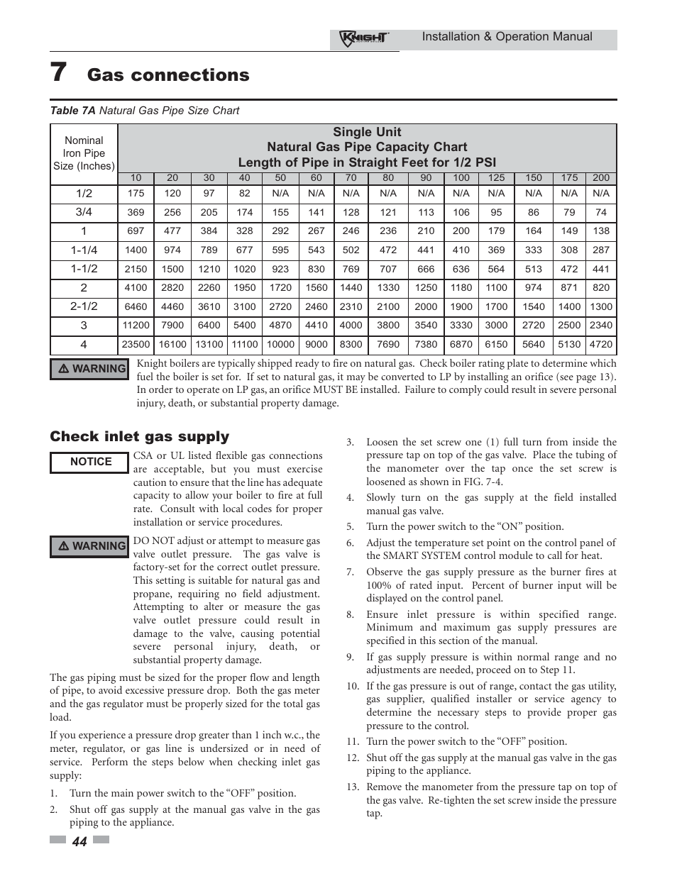 Gas connections, Check inlet gas supply | Lochinvar 80 - 285 User Manual | Page 44 / 76