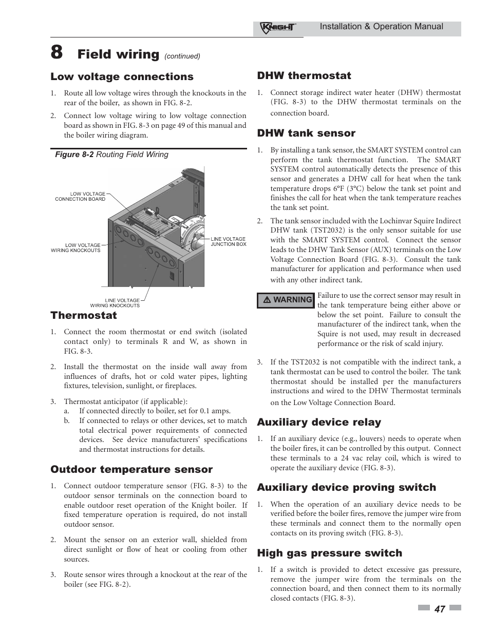 Field wiring, Low voltage connections, Thermostat | Outdoor temperature sensor, Dhw thermostat, Dhw tank sensor, Auxiliary device relay, Auxiliary device proving switch, High gas pressure switch | Lochinvar 80 - 285 User Manual | Page 47 / 76