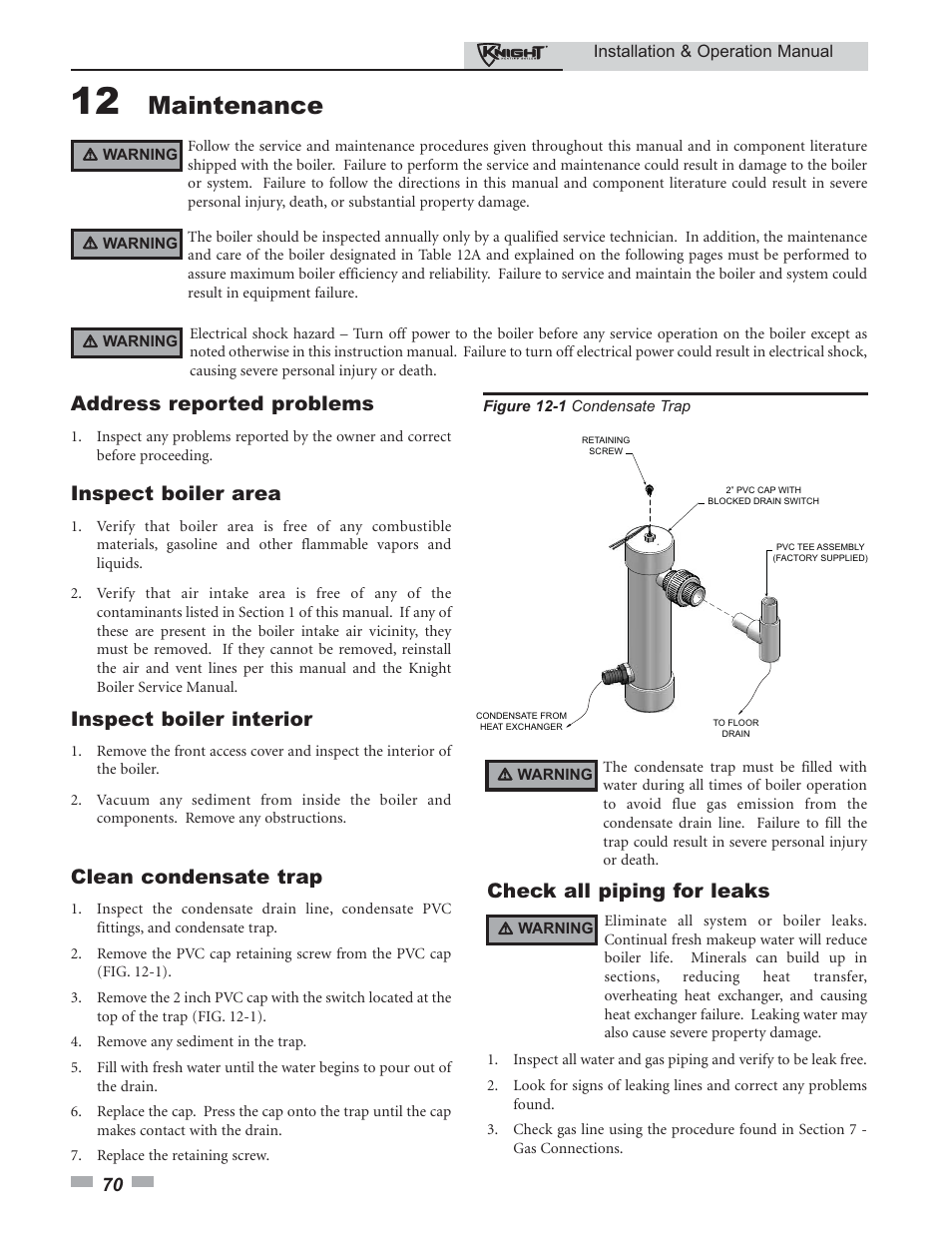 Maintenance, Address reported problems, Inspect boiler area | Inspect boiler interior, Clean condensate trap, Check all piping for leaks | Lochinvar 80 - 285 User Manual | Page 70 / 76