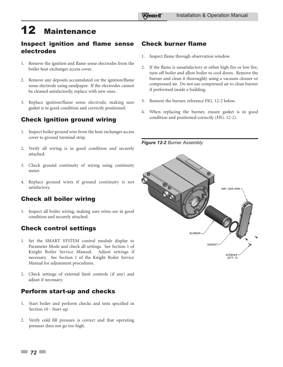 Maintenance, Inspect ignition and flame sense electrodes, Check ignition ground wiring | Check all boiler wiring, Check control settings, Perform start-up and checks, Check burner flame | Lochinvar 80 - 285 User Manual | Page 72 / 76