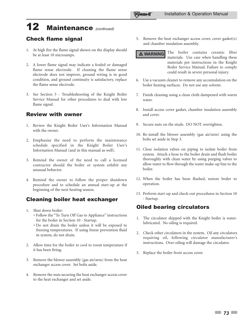 Maintenance, Check flame signal, Review with owner | Cleaning boiler heat exchanger, Oiled bearing circulators | Lochinvar 80 - 285 User Manual | Page 73 / 76