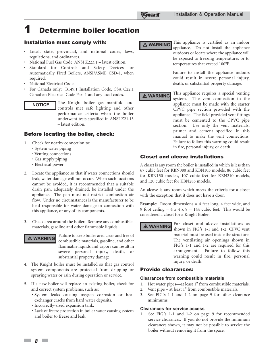 Determine boiler location | Lochinvar 80 - 285 User Manual | Page 8 / 76