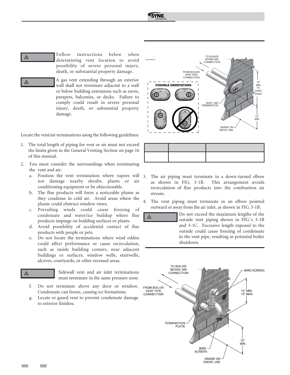 Sidewall direct, Venting, Vent/air termination – sidewall | Model kit number vent size | Lochinvar Sunc Condensing Boiler 1.3 User Manual | Page 22 / 68