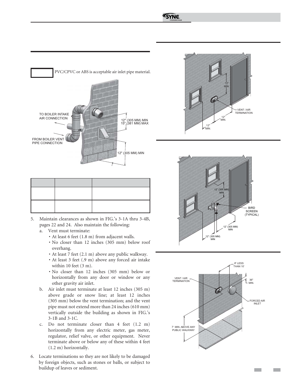 Sidewall direct venting, Vent/air termination – sidewall, Model kit number vent size | Installation & operation manual | Lochinvar Sunc Condensing Boiler 1.3 User Manual | Page 23 / 68