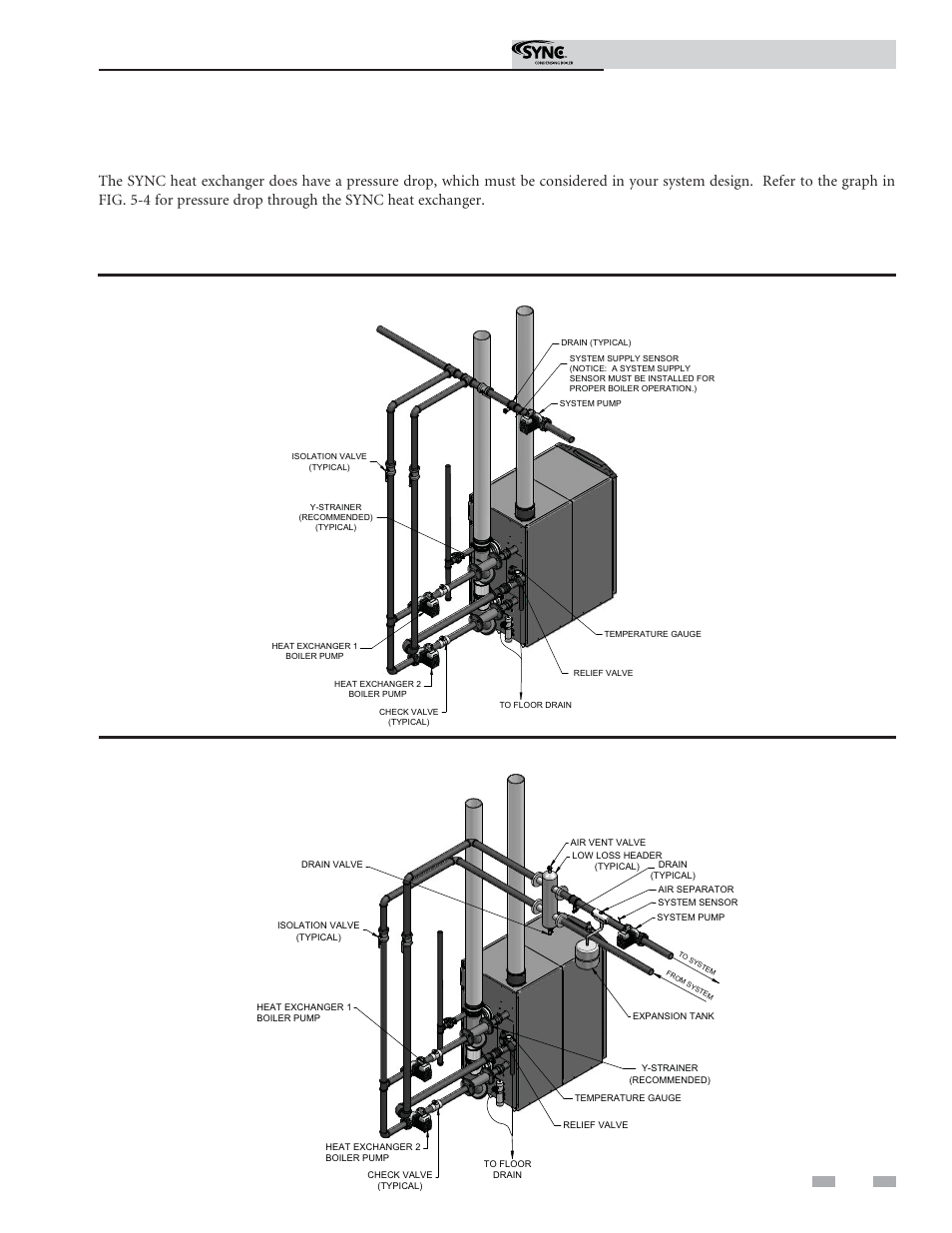 Hydronic piping, Near boiler piping connections, Installation & operation manual circulator sizing | Figure 5-1a near boiler piping w/y-strainer, Figure 5-1b near boiler piping w/low loss header | Lochinvar Sunc Condensing Boiler 1.3 User Manual | Page 29 / 68