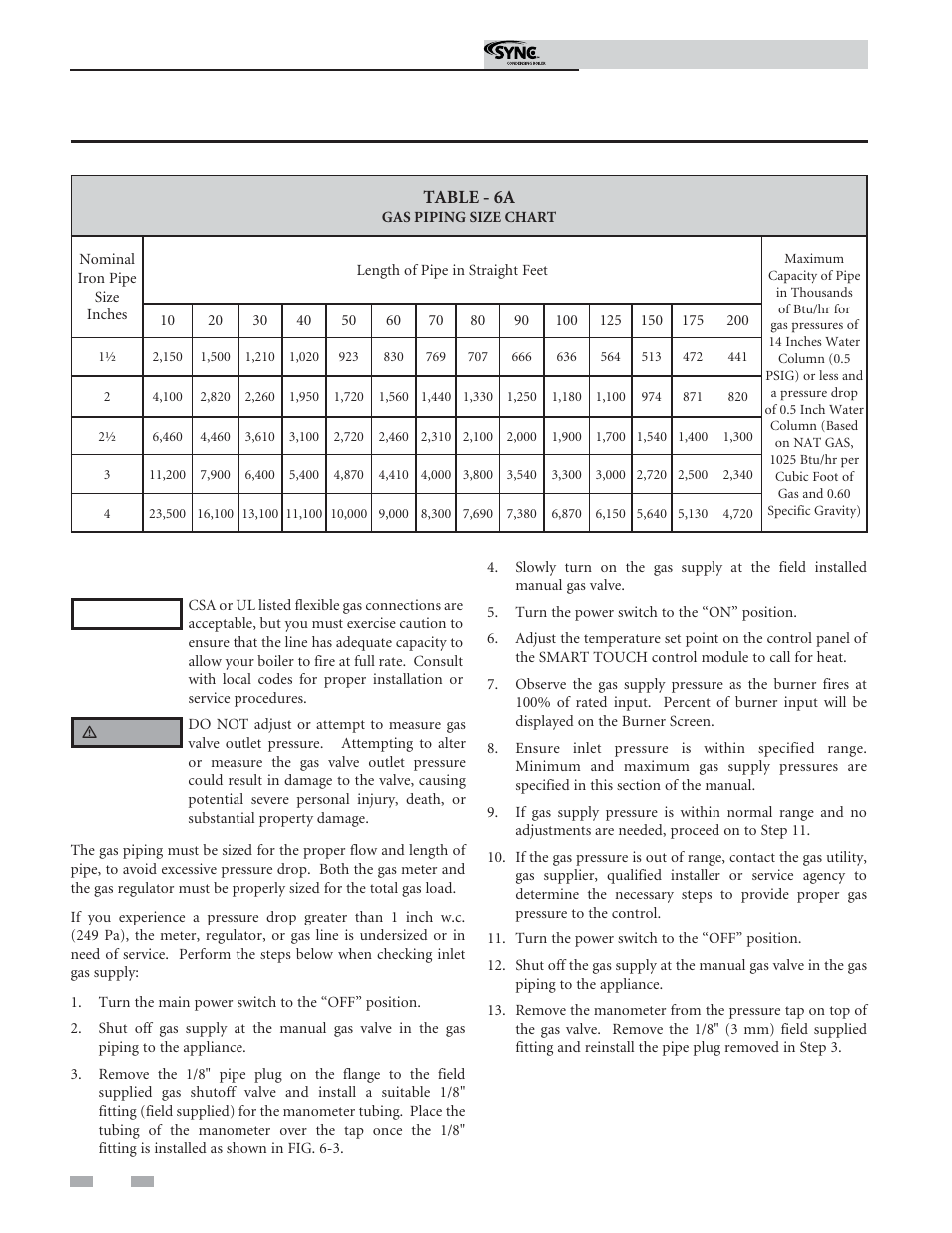 Gas connections, Check inlet gas supply | Lochinvar Sunc Condensing Boiler 1.3 User Manual | Page 36 / 68