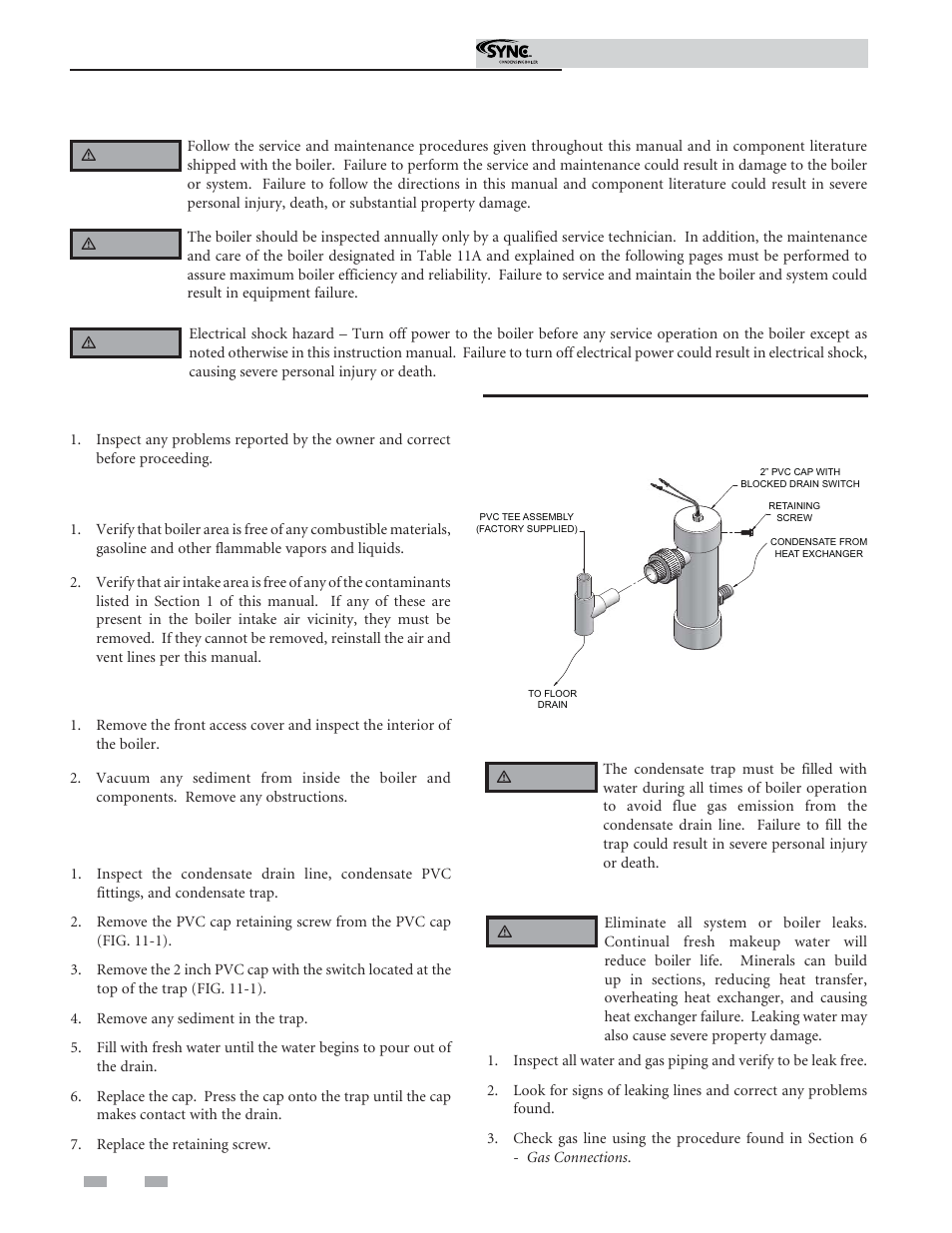 Maintenance, Address reported problems, Inspect boiler area | Inspect boiler interior, Clean condensate trap, Check all piping for leaks | Lochinvar Sunc Condensing Boiler 1.3 User Manual | Page 58 / 68