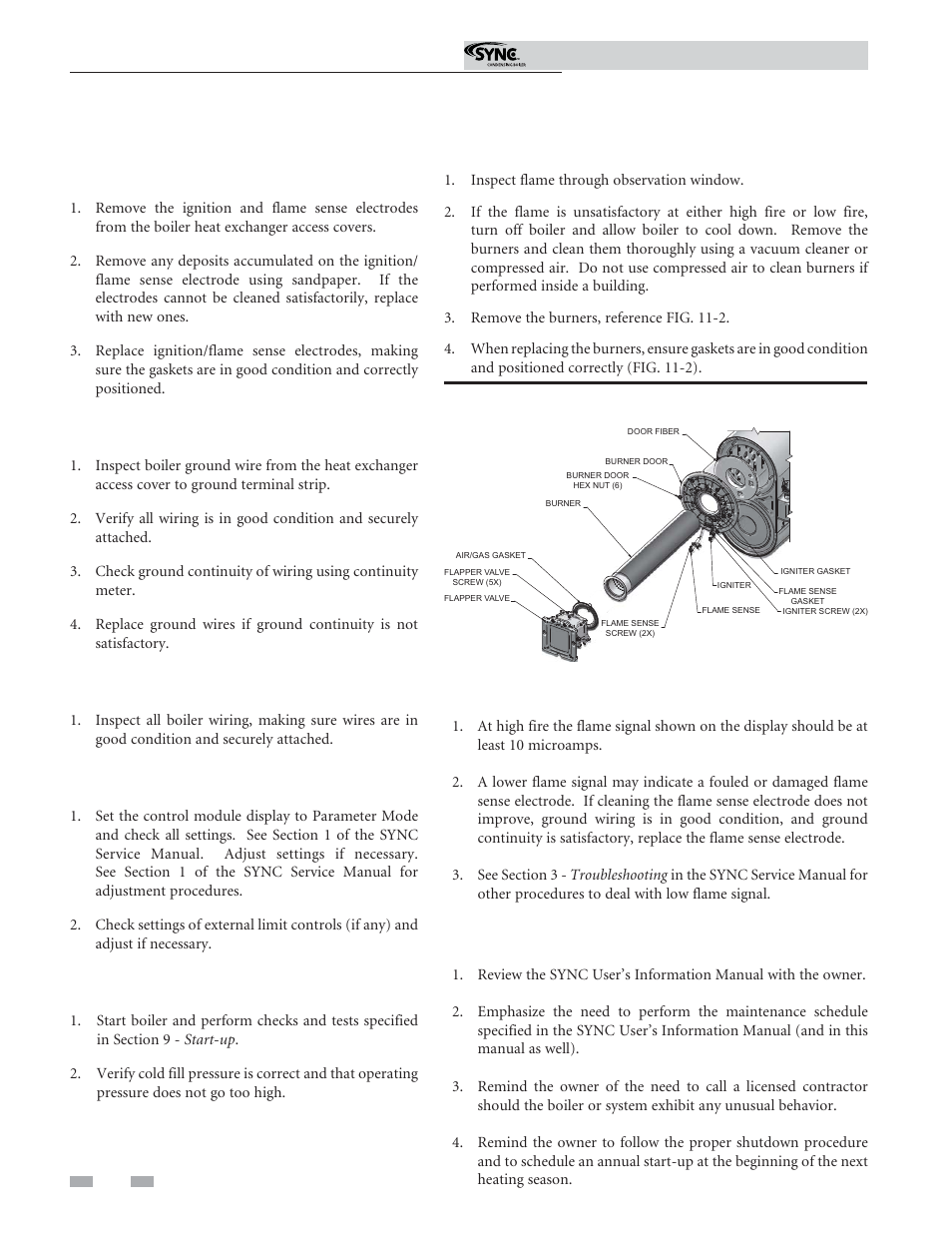 Maintenance, Check flame signal, Review with owner | Inspect ignition and flame sense electrodes, Check ignition ground wiring, Check all boiler wiring, Check control settings, Perform start-up and checks, Check burner flame | Lochinvar Sunc Condensing Boiler 1.3 User Manual | Page 60 / 68