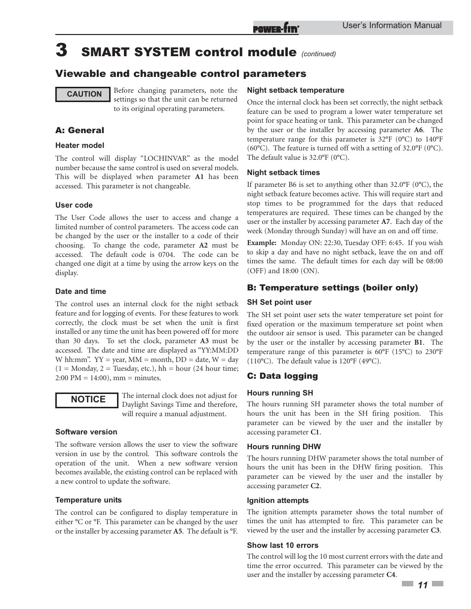 Smart system control module, Viewable and changeable control parameters | Lochinvar Power-fin 502 User Manual | Page 11 / 16