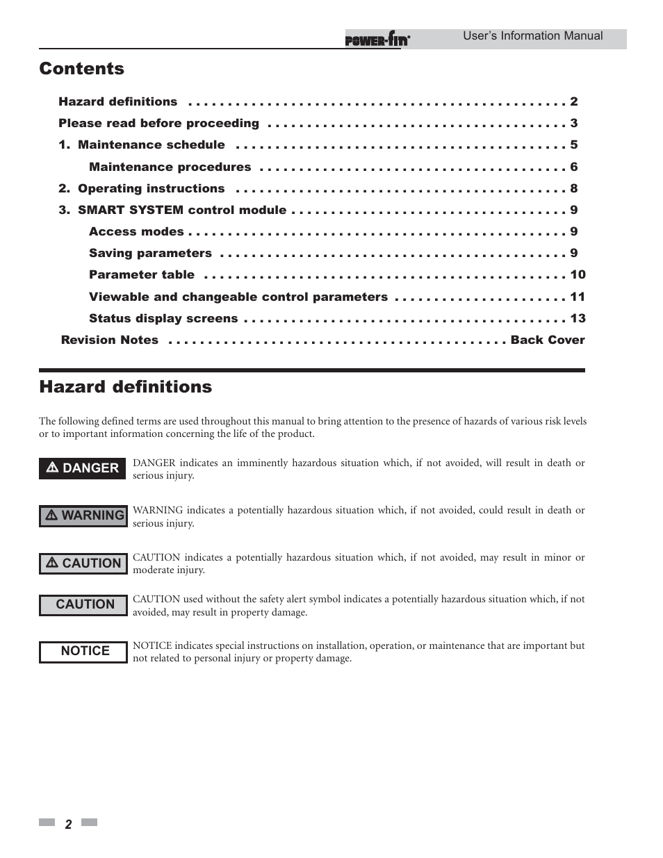 Contents hazard definitions | Lochinvar Power-fin 502 User Manual | Page 2 / 16