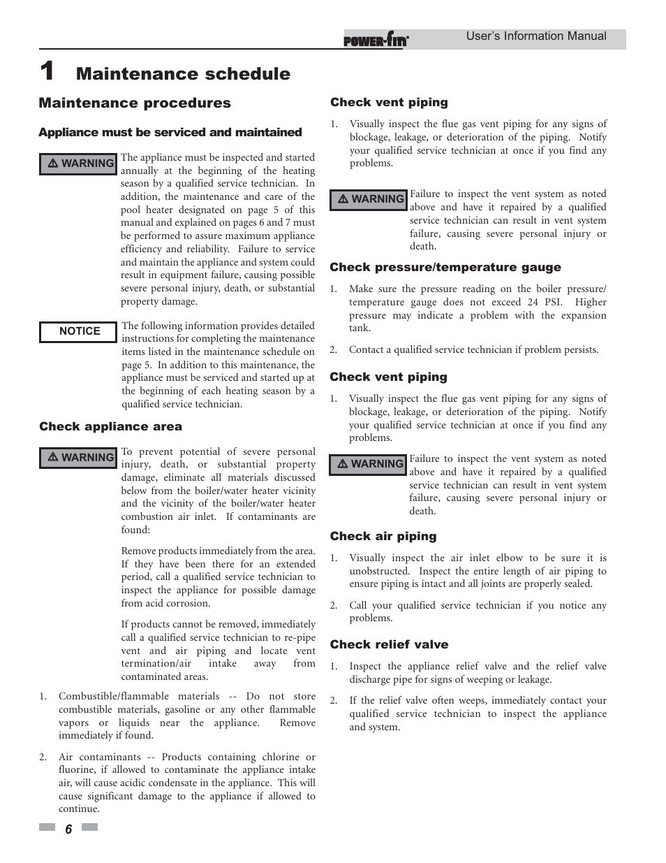 Maintenance schedule, Maintenance procedures | Lochinvar Power-fin 502 User Manual | Page 6 / 16