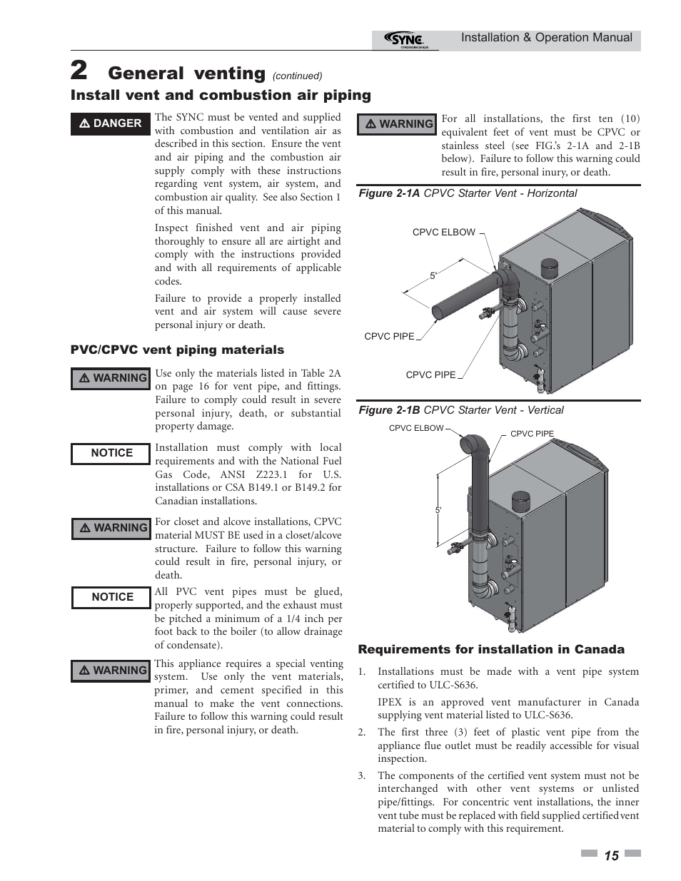 General venting, Install vent and combustion air piping | Lochinvar SYNC 1.0 User Manual | Page 15 / 64