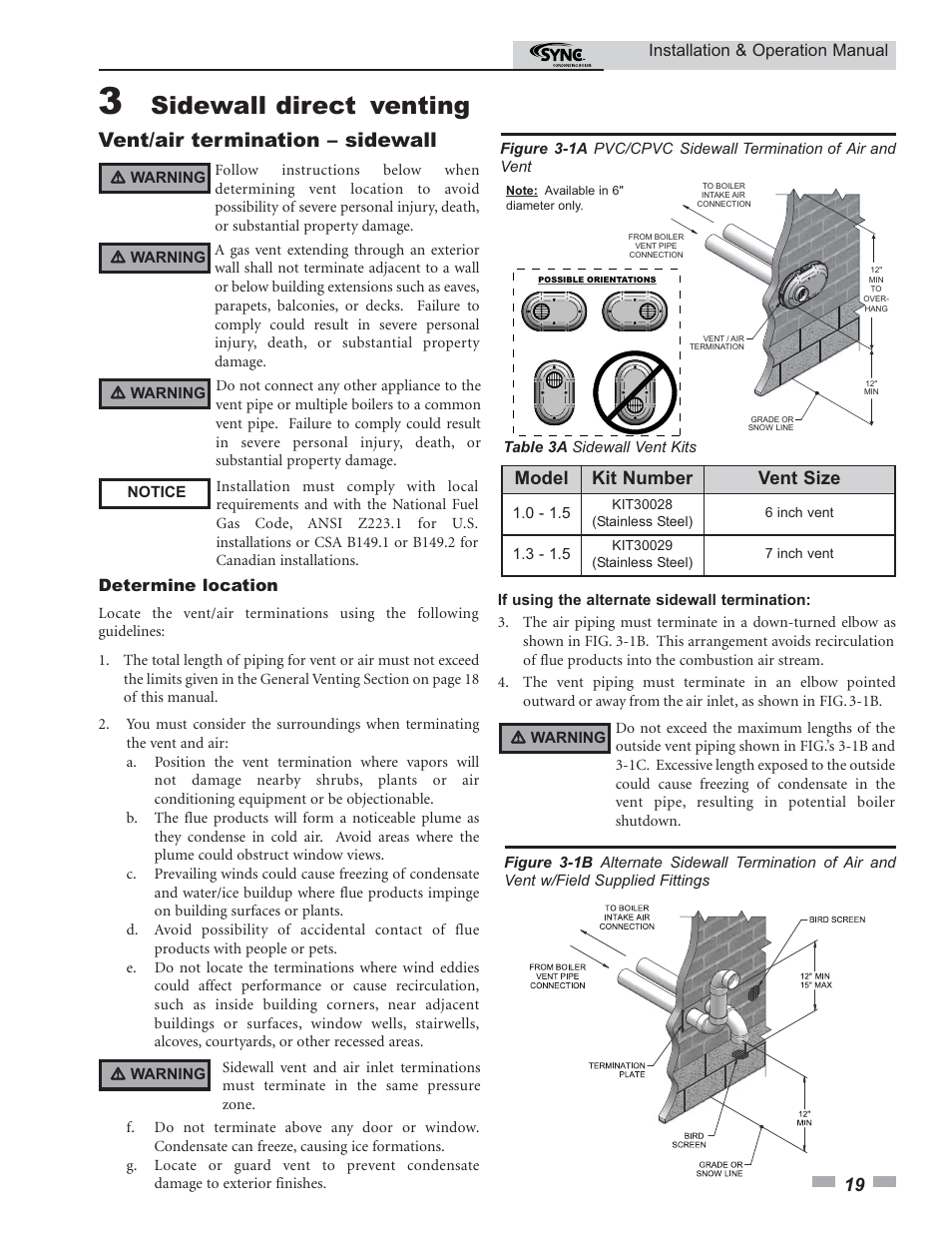 Sidewall direct venting, Vent/air termination – sidewall, Model kit number vent size | Lochinvar SYNC 1.0 User Manual | Page 19 / 64