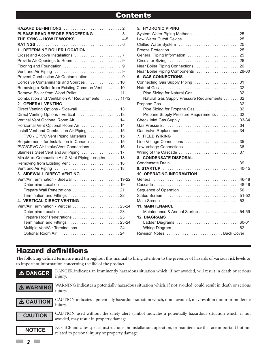 Contents hazard definitions | Lochinvar SYNC 1.0 User Manual | Page 2 / 64