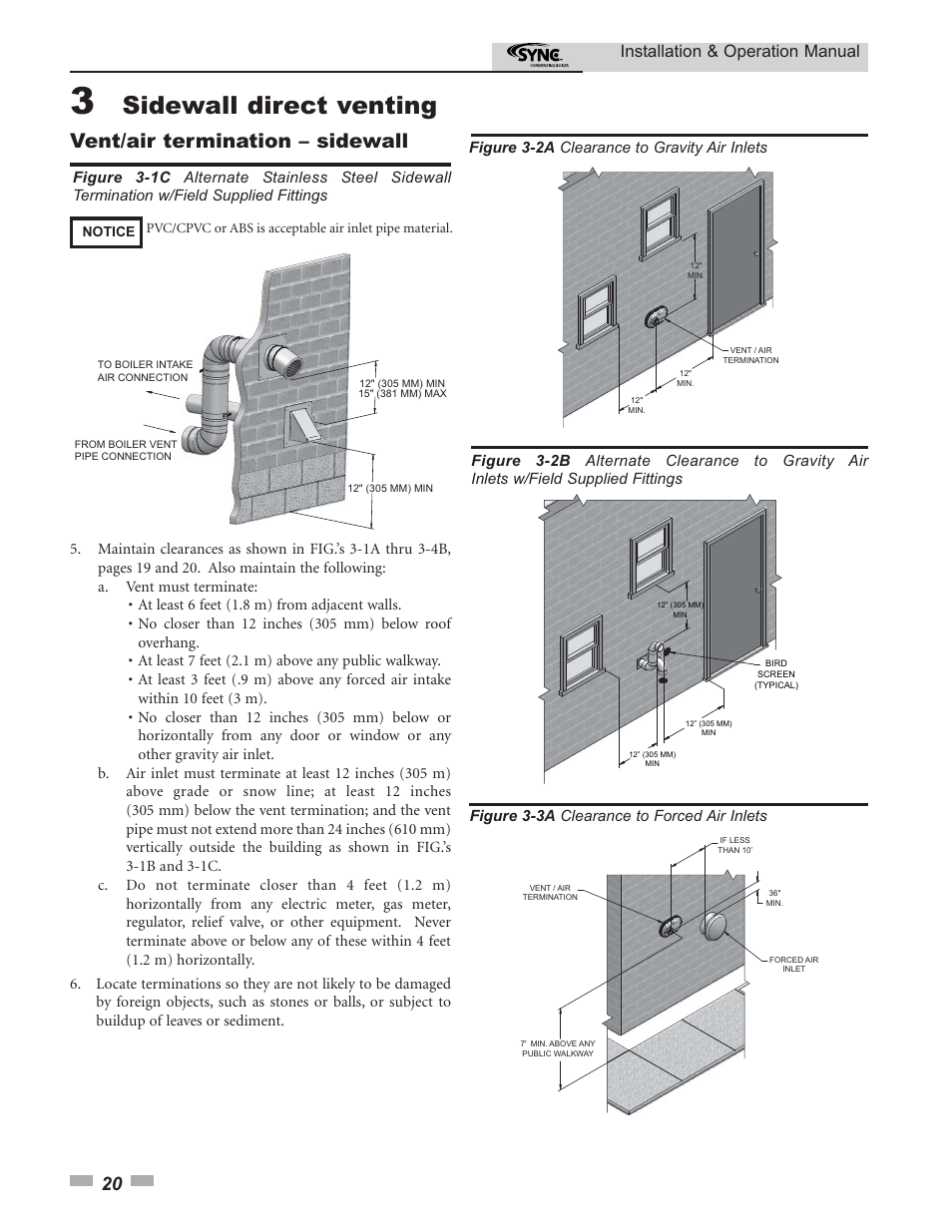 Sidewall direct venting, Vent/air termination – sidewall, Installation & operation manual | Lochinvar SYNC 1.0 User Manual | Page 20 / 64