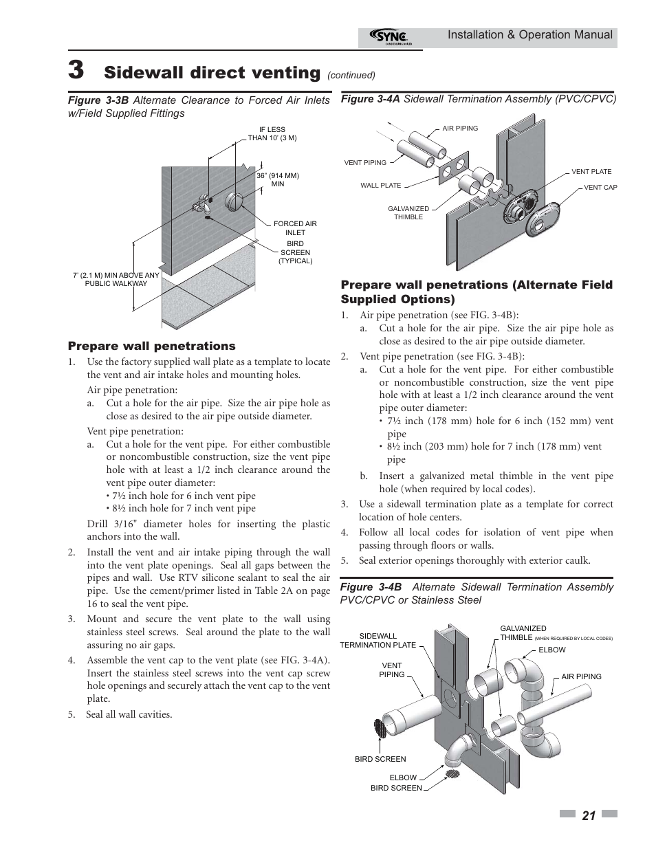 Sidewall direct venting, Installation & operation manual, Prepare wall penetrations | Lochinvar SYNC 1.0 User Manual | Page 21 / 64