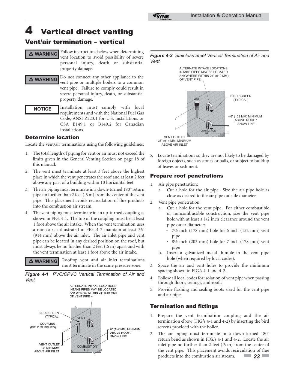 Vertical direct venting, Vent/air termination – vertical | Lochinvar SYNC 1.0 User Manual | Page 23 / 64