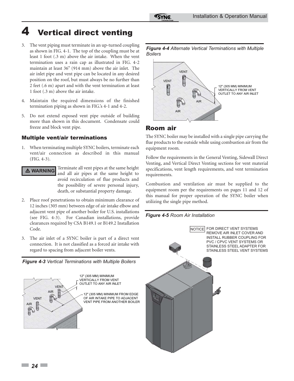 Vertical direct venting, Room air | Lochinvar SYNC 1.0 User Manual | Page 24 / 64