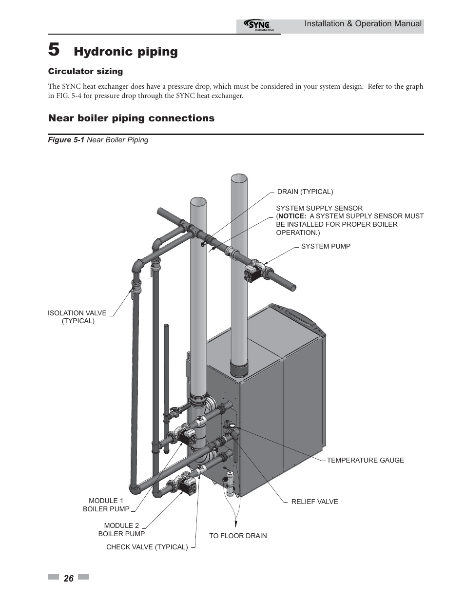 Hydronic piping, Near boiler piping connections | Lochinvar SYNC 1.0 User Manual | Page 26 / 64