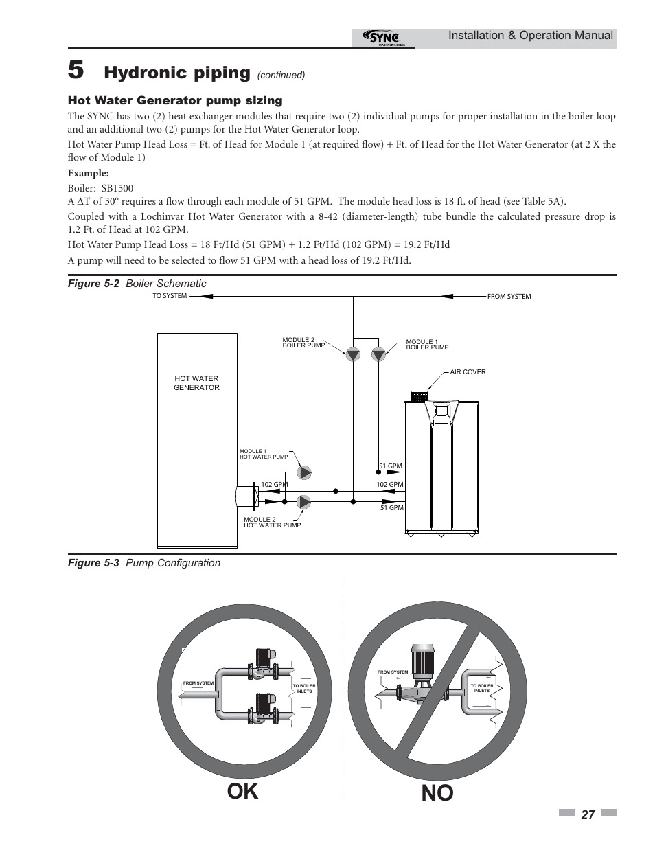 Hydronic piping, Installation & operation manual, Hot water generator pump sizing | Lochinvar SYNC 1.0 User Manual | Page 27 / 64