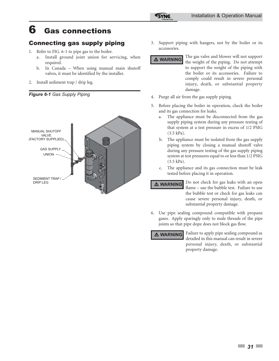 Gas connections, Connecting gas supply piping | Lochinvar SYNC 1.0 User Manual | Page 31 / 64