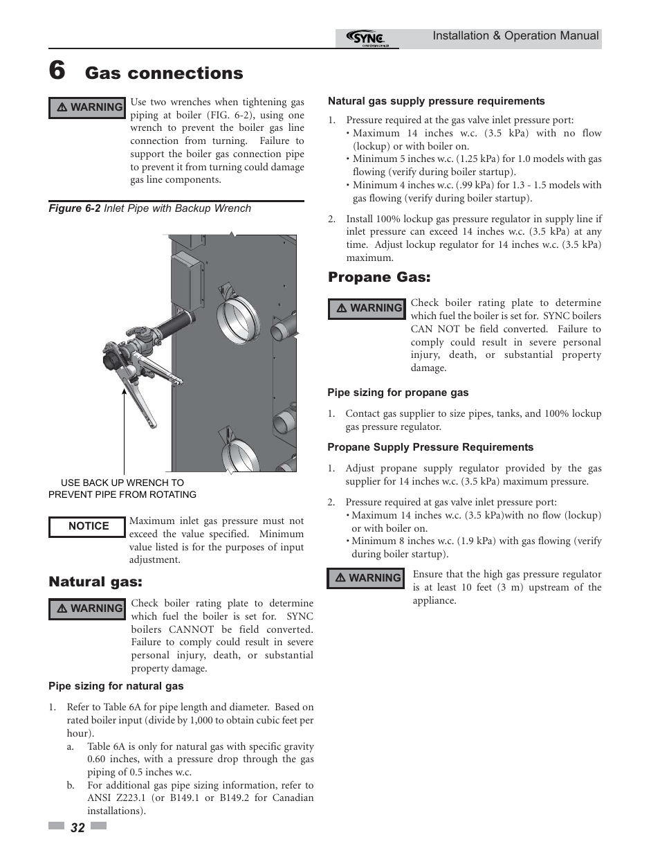 Gas connections, Propane gas, Natural gas | Lochinvar SYNC 1.0 User Manual | Page 32 / 64
