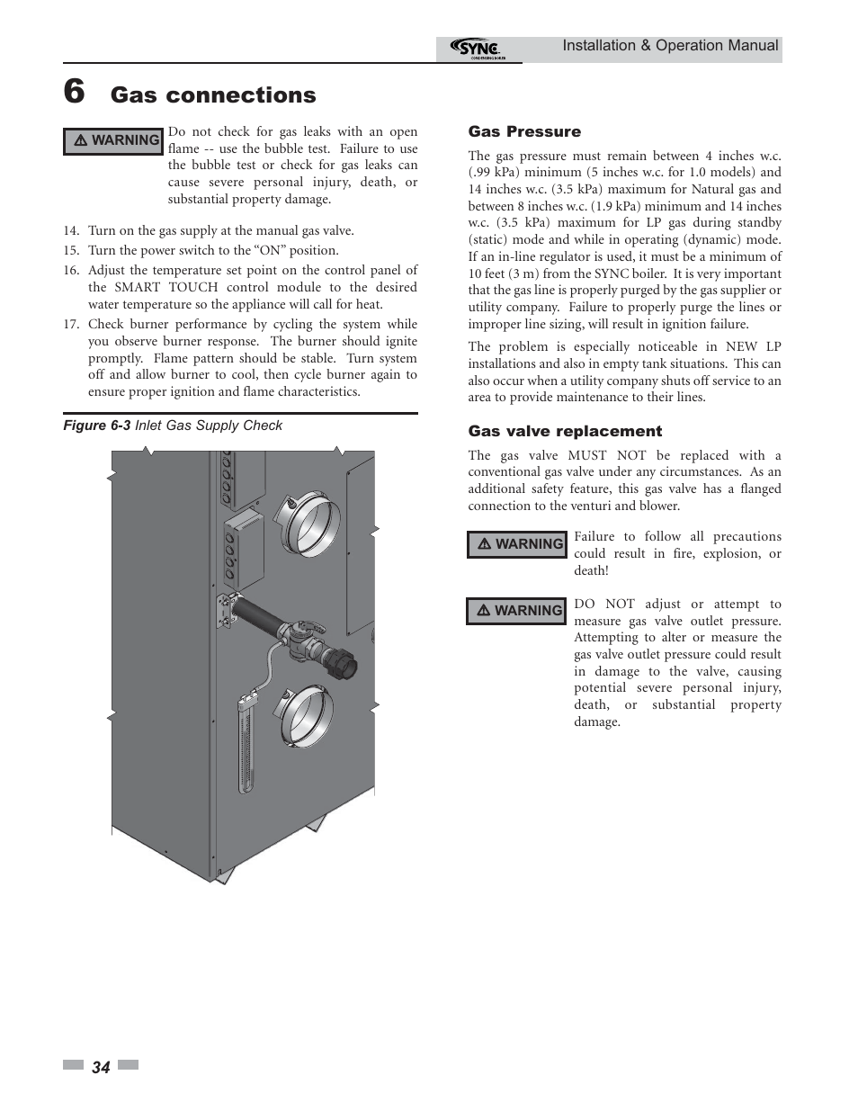 Gas connections | Lochinvar SYNC 1.0 User Manual | Page 34 / 64