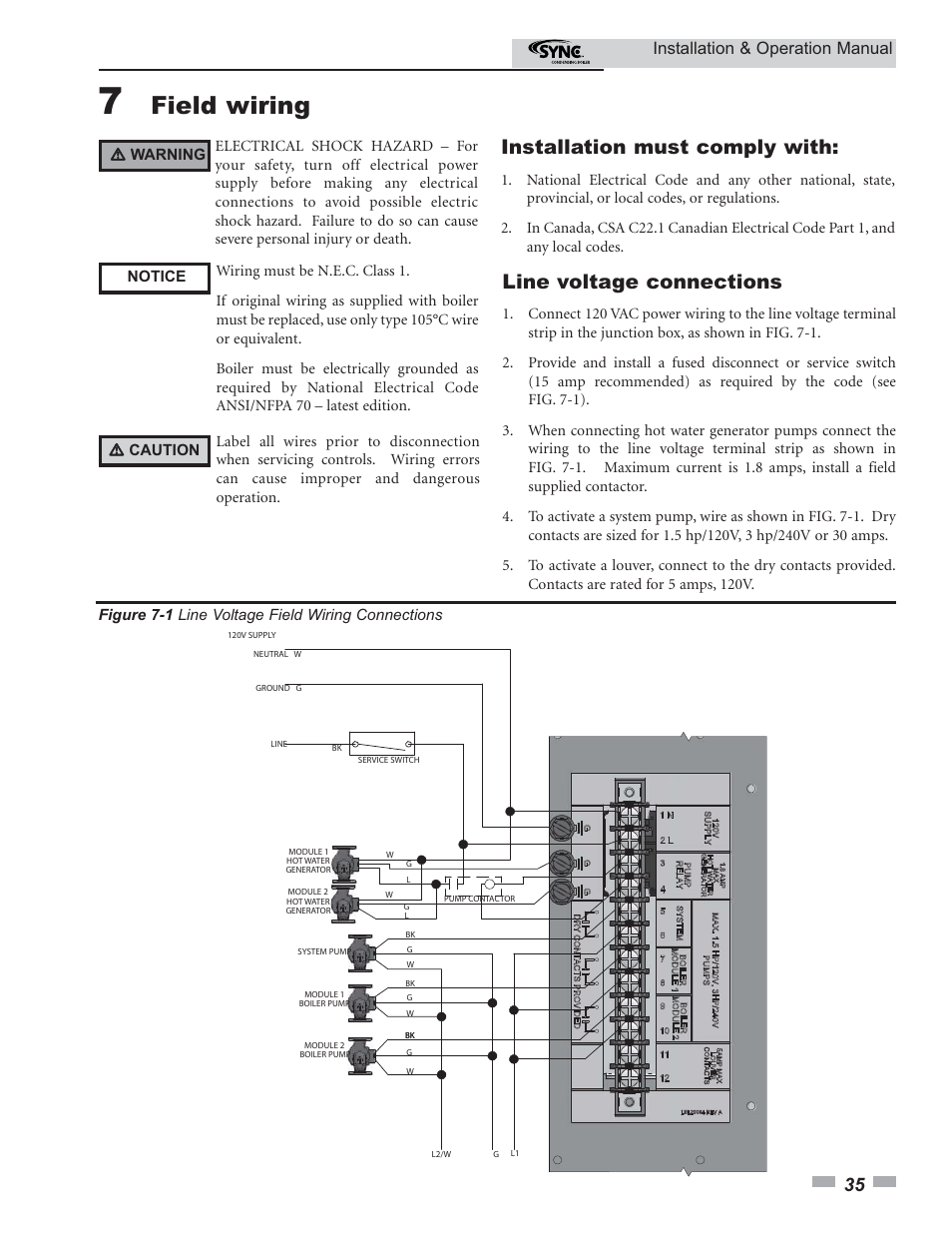 Field wiring, Installation must comply with, Line voltage connections | Installation & operation manual | Lochinvar SYNC 1.0 User Manual | Page 35 / 64