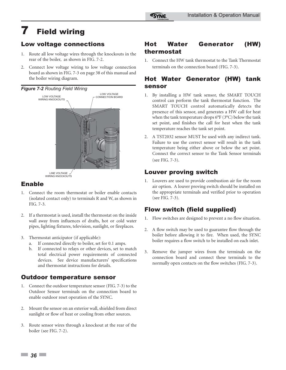 Field wiring, Low voltage connections, Enable | Outdoor temperature sensor, Hot water generator (hw) thermostat, Hot water generator (hw) tank sensor, Louver proving switch, Flow switch (field supplied) | Lochinvar SYNC 1.0 User Manual | Page 36 / 64