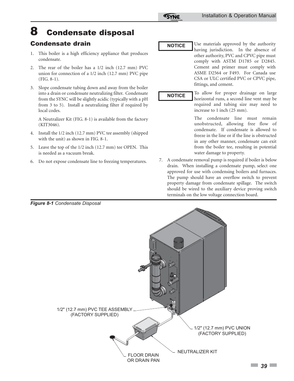 Condensate disposal, Condensate drain | Lochinvar SYNC 1.0 User Manual | Page 39 / 64
