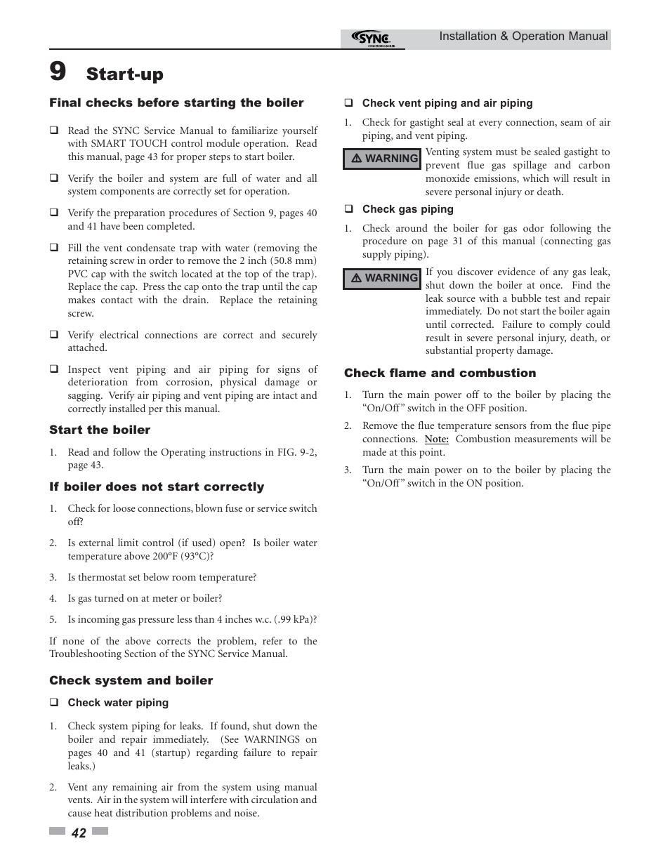 Start-up | Lochinvar SYNC 1.0 User Manual | Page 42 / 64