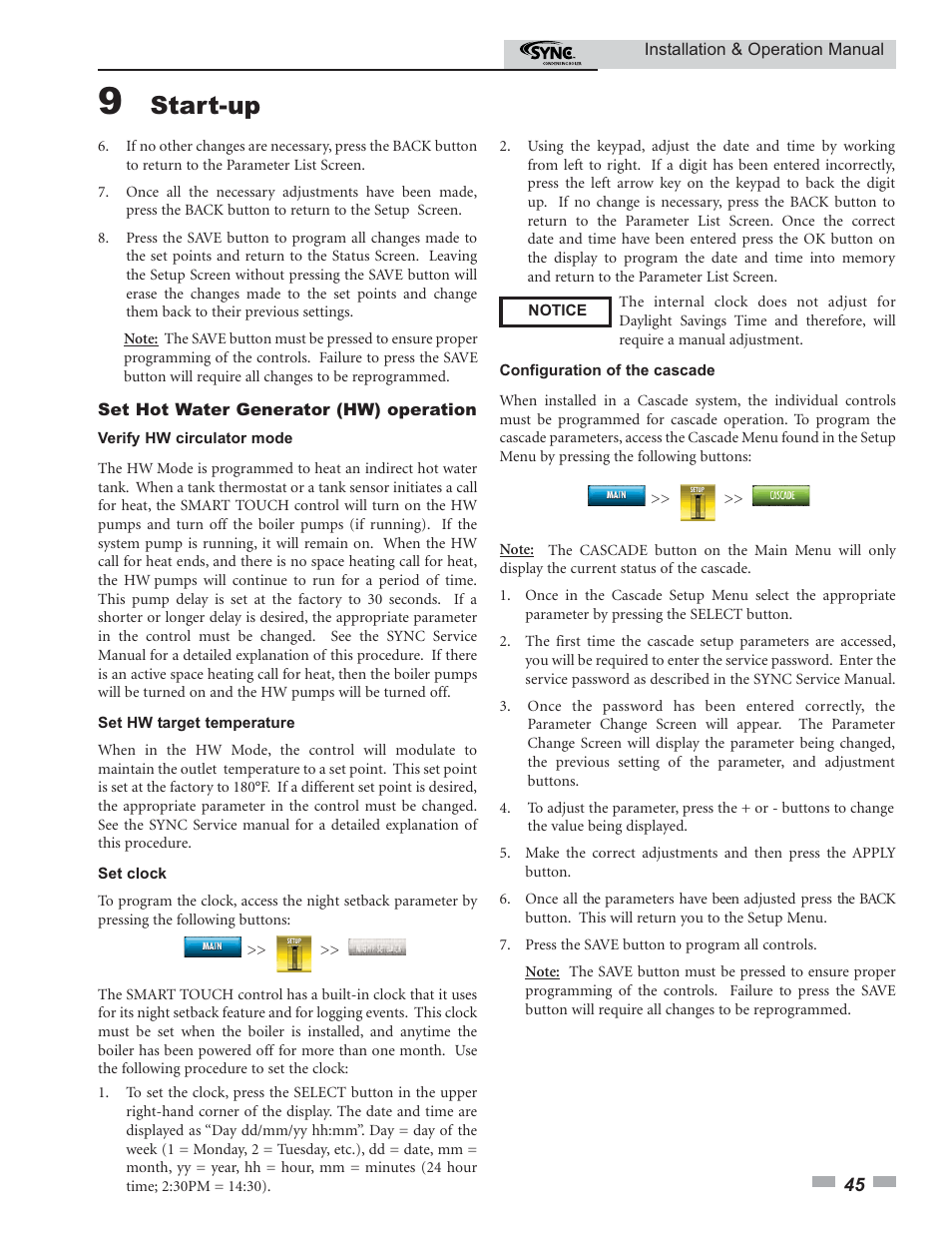 Start-up | Lochinvar SYNC 1.0 User Manual | Page 45 / 64