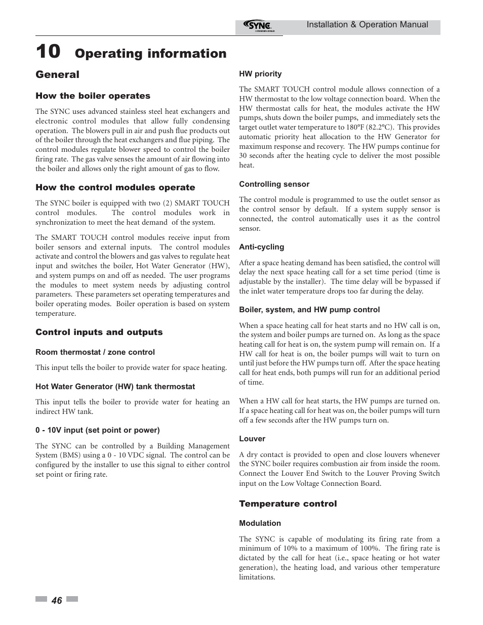 Operating information | Lochinvar SYNC 1.0 User Manual | Page 46 / 64