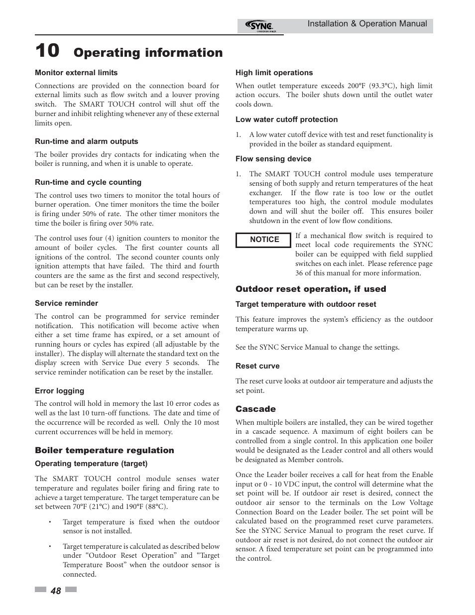 Operating information | Lochinvar SYNC 1.0 User Manual | Page 48 / 64