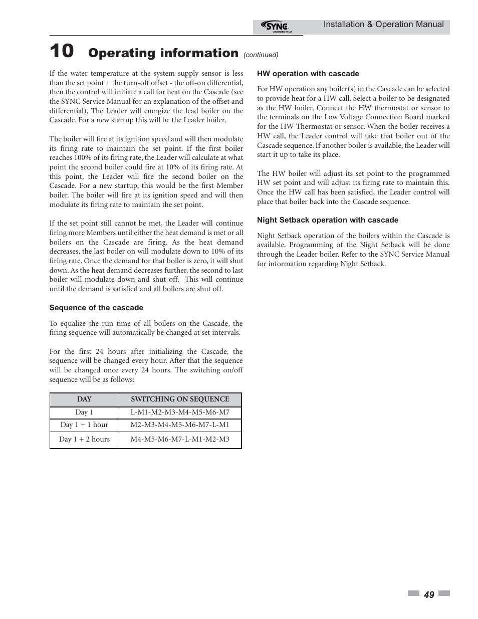 Operating information | Lochinvar SYNC 1.0 User Manual | Page 49 / 64