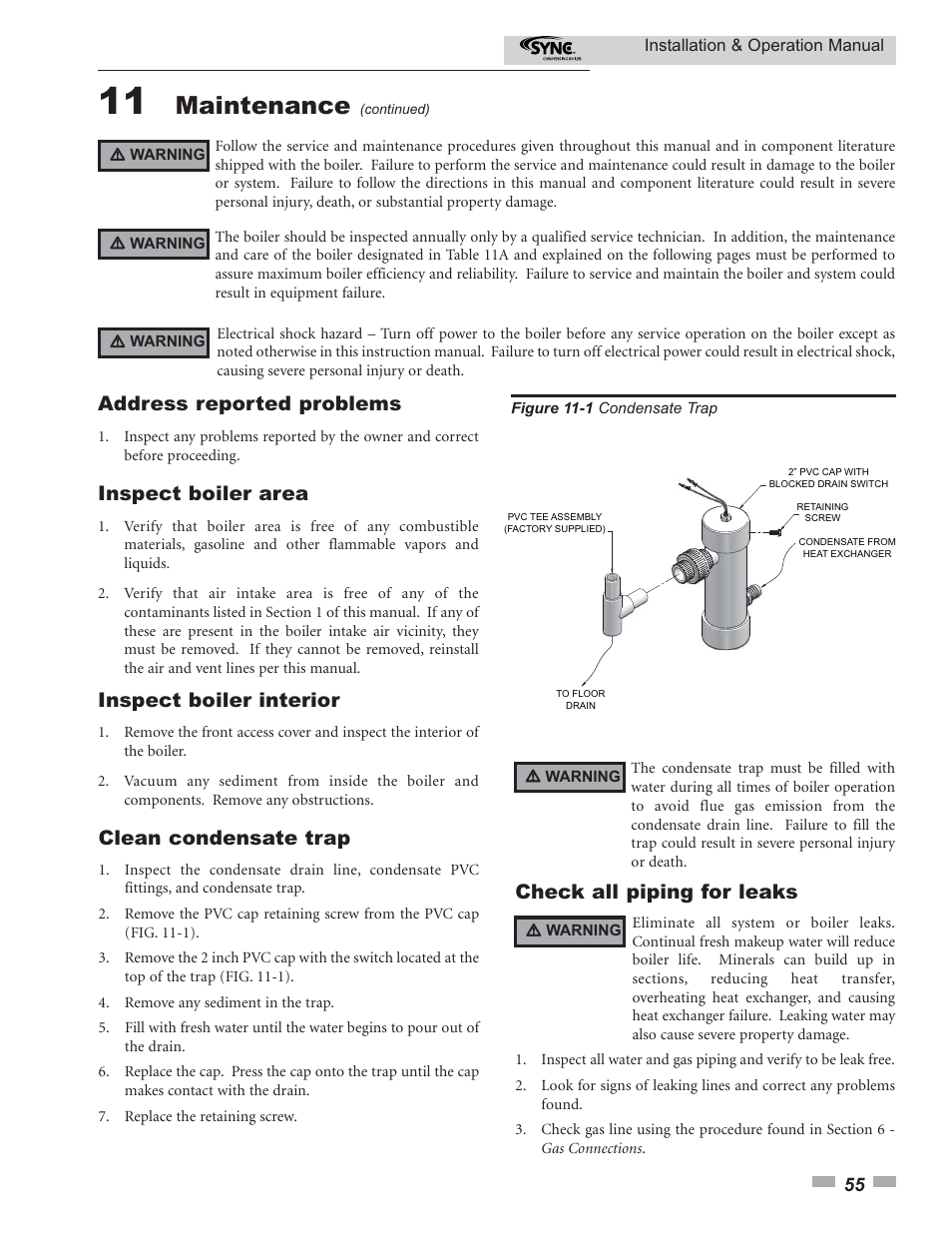 Maintenance, Address reported problems, Inspect boiler area | Inspect boiler interior, Clean condensate trap, Check all piping for leaks | Lochinvar SYNC 1.0 User Manual | Page 55 / 64