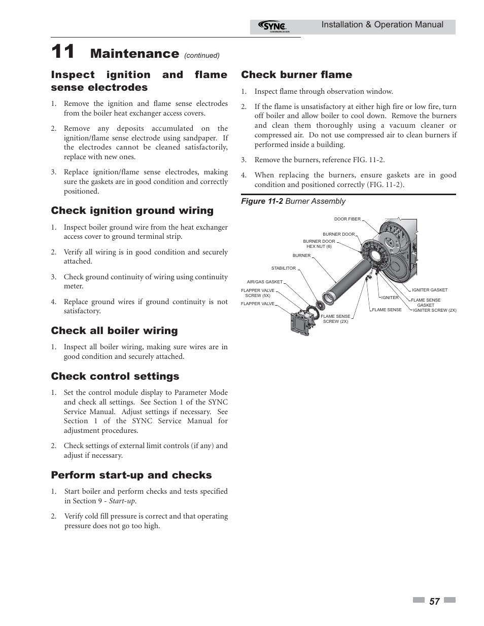 Maintenance, Inspect ignition and flame sense electrodes, Check ignition ground wiring | Check all boiler wiring, Check control settings, Perform start-up and checks, Check burner flame | Lochinvar SYNC 1.0 User Manual | Page 57 / 64