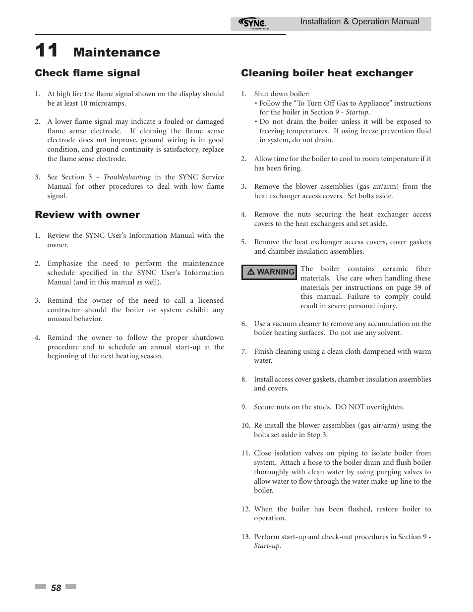 Maintenance, Check flame signal, Review with owner | Cleaning boiler heat exchanger | Lochinvar SYNC 1.0 User Manual | Page 58 / 64