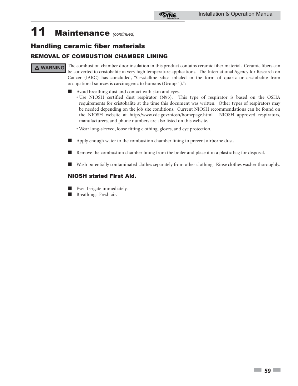 Maintenance | Lochinvar SYNC 1.0 User Manual | Page 59 / 64