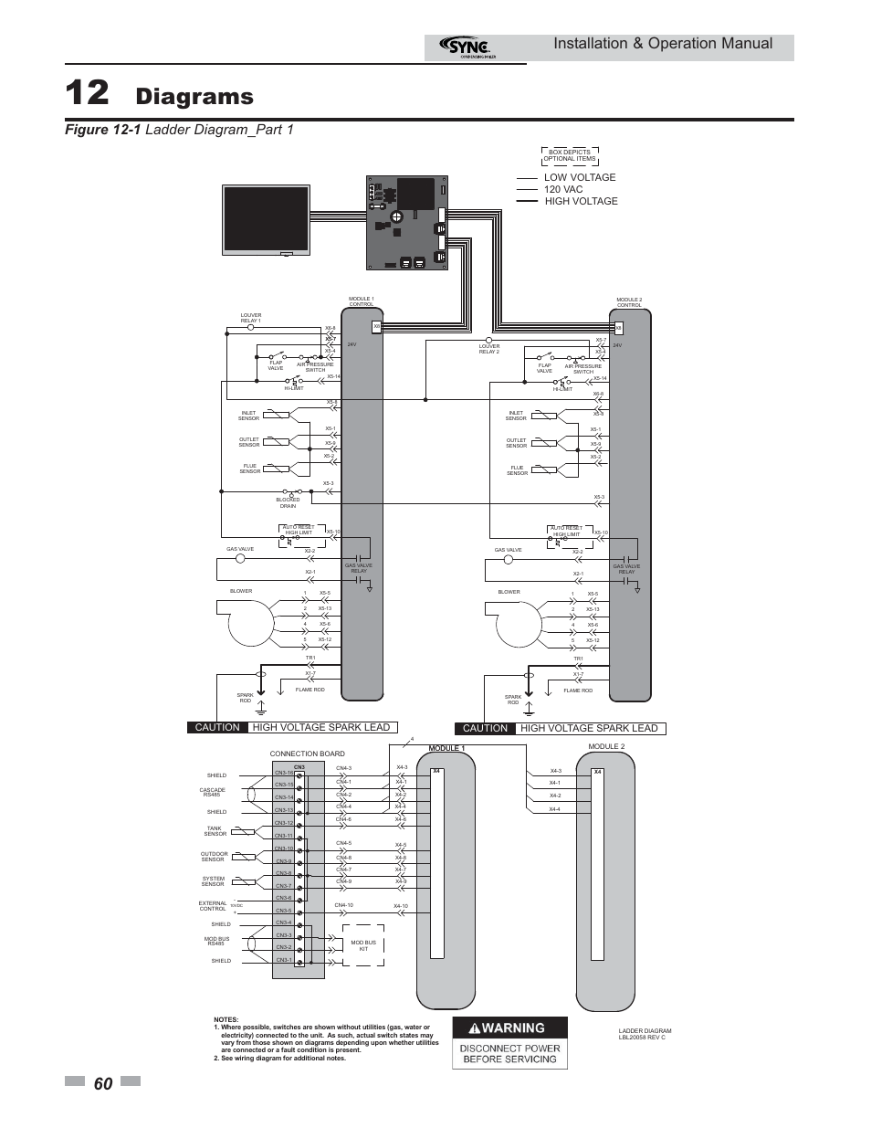 Diagrams, Installation & operation manual, Figure 12-1 ladder diagram_part 1 | Caution high voltage spark lead | Lochinvar SYNC 1.0 User Manual | Page 60 / 64